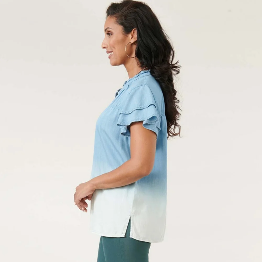 Democracy Double Flutter Short Sleeve Ruffle Neck Dip Dye Top - Picture 2 of 5